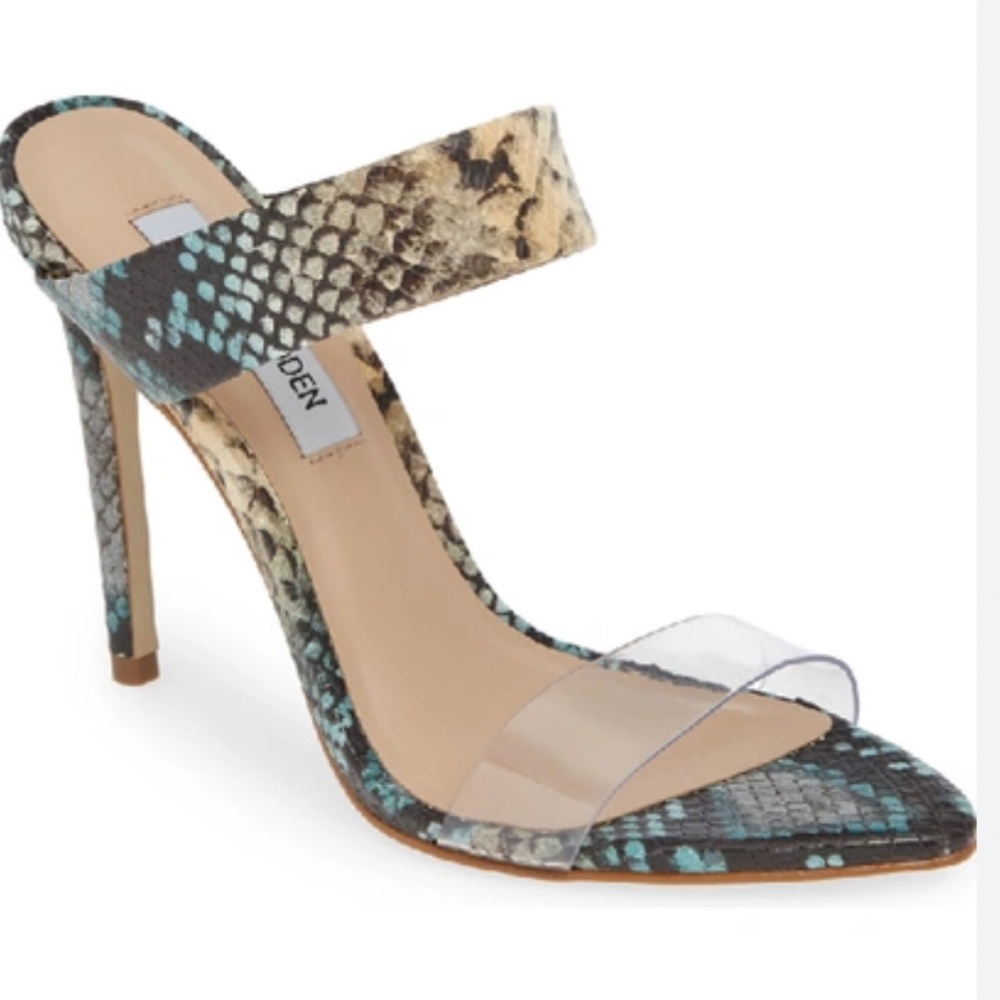 STEVE MADDEN Amaya Clear Slide Sandal In Blue Snake Print Leather